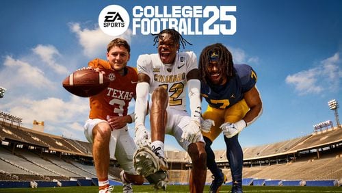 Texas quarterback Quinn Ewers, Colorado wide receiver/defensive back Travis Hunter and Michigan running back Donovan Edwards are on the cover of EA Sports College Football 25. (Courtesy EA Sports/TNS)