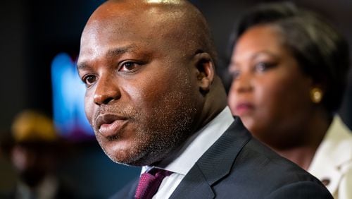 Bryan Johnson, the sole finalist for Atlanta Public Schools superintendent, speaks to the media after being introduced at a press conference at APS headquarters in downtown Atlanta on Tuesday, June 18, 2024. (Bita Honarvar for The Atlanta Journal-Constitution)