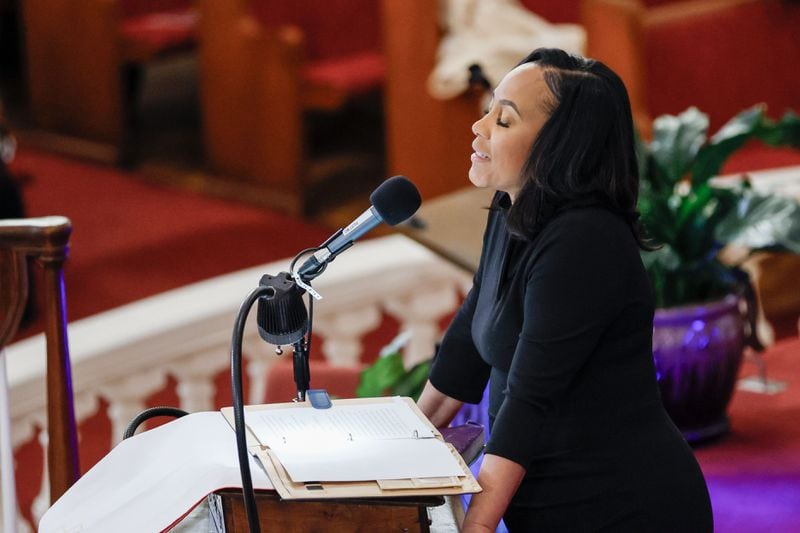 DA of Fulton County Fani Willis speaks during Sunday's worship service at the Big Bethel AME Church in Atlanta.
Miguel Martinez /miguel.martinezjimenez@ajc.com