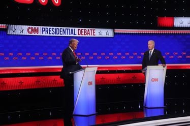President Joe Biden and former President Donald Trump face off during their first presidential debate at CNN, Thursday, June 27, 2024, in Atlanta. (Jason Getz / AJC)
