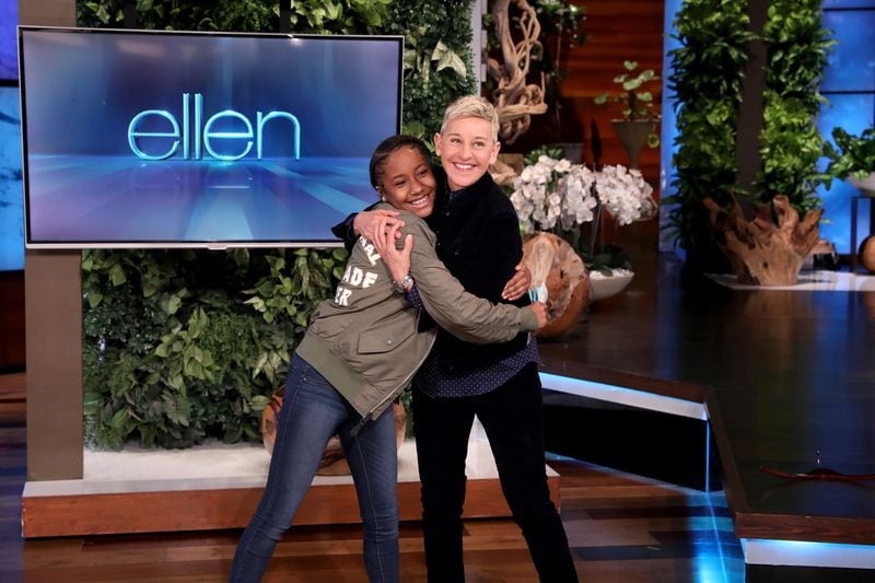Talk show host Ellen DeGeneres is seen during a taping of "The Ellen DeGeneres Show" with Jalaiah Harmon. (Photo by Michael Rozman/Warner Bros.)