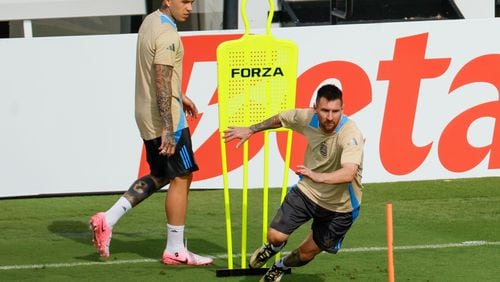 Argentina’s superstar Lionel Messi works on a drill during the team's practice at Fifth Third Stadium of Kennesaw State University on Wednesday, June 19, 2024, before the inaugural game of Copa America against Canada Thursday at Mercedes-Benz Stadium. 
(Miguel Martinez / AJC)