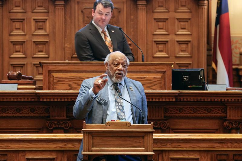 Sen. David Lucas, D-Macon, speaks in opposition of Senate Bill 465 as Lt. Gov. Burt Jones looks on on day 10 of the legislative session at The Georgia State Capitol on Friday, Jan. 26, 2024. The bill would create a special committee to investigate Fulton District Attorney Fani Willis. (Natrice Miller/Natrice.miller@ajc.com)