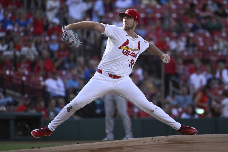 St. Louis Cardinals starting pitcher Matthew Liberatore throws to an Atlanta Braves batter during the first inning in the second game of a baseball doubleheader Wednesday, June 26, 2024, in St. Louis. (AP Photo/Joe Puetz)