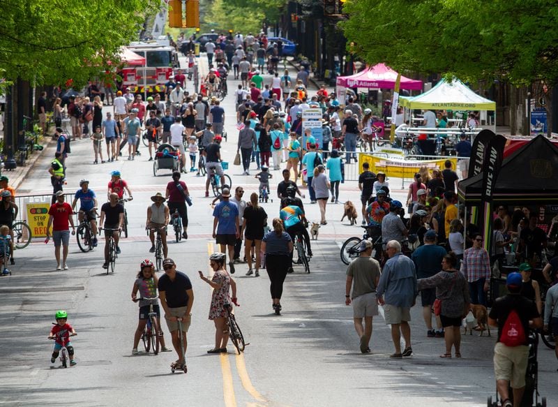 Crowds of people fill Peachtree Street during the Atlanta Streets Alive event on Sunday, April 7, 2019. STEVE SCHAEFER / SPECIAL TO THE AJC