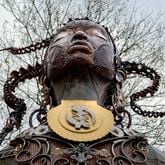 Michelle L. Browder (with Deborah Shedrick and a team of artists), Mothers of Gynecology, 2021, found metal objects, roughly 11 feet high honoring the first three victims of J. Marion Sims