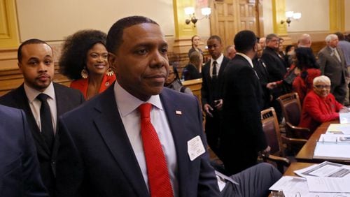 Feb. 4, 2016 - Atlanta - Rev. Creflo Dollar leaves the senate after being honored with a resolution. Rev. Creflo Dollar was the Chaplain of the Day in the House, and was honored with a resolution in the senate. His wife, Taffi Dollar, was the Chaplain of the Day in the Senate. BOB ANDRES / BANDRES@AJC.COM