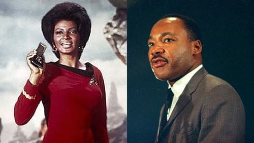 Actress Nichelle Nichols wasn't sure that she wanted to continue portraying Lieutenant Uhura on the original "Star Trek" television show until Martin Luther King, Jr. — a Trekkie — convinced her that her presence on the show was valuable. (Paramount Television; Chick Harrity / AP)