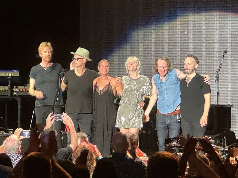 Sarah McLachlan, with her band, takes a bow after at two-hour concert at Cadence Bank Amphitheatre at Chastain on June 30, 2024. RODNEY HO/rho@ajc.com