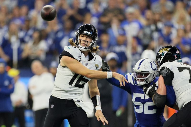 Jacksonville Jaguars quarterback Trevor Lawrence (16) throws a pass in the second half against the Indianapolis Colts at Lucas Oil Stadium on Sept. 10, 2023, in Indianapolis. (Andy Lyons/Getty Images/TNS)