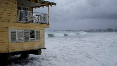 Waves batter a pier during the pass of Hurricane Beryl in Bridgetown, Barbados, July 1, 2024. (AP Photo/Ricardo Mazalan)