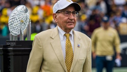 Former Georgia Tech athletic director Homer Rice is honored at halftime of the Yellow Jackets' Oct. 30, 2021 game against Virginia Tech. Rice died Monday at age 97. (Danny Karnik/Georgia Tech Athletics)