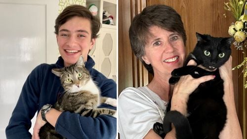 A colony of stray cats at the Shadowood Office Park on Powers Ferry Road have been cared for by property managers and tenants over the past five years. Scooter (at left) was the first cat trapped and placed in a forever home. He is shown with Max Rodbell, son of Jonathan Rodbell, partner and co-founder of Atlanta Property Group. Cindy Worley (at right), a longtime tenant of Shadowood Office Park, holds Little One, one of the community cats found on the property. Courtesy of the Atlanta Property Group.