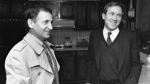 Georgia Tech athletic director Homer Rice (left) visits with new coach Bobby Ross in 1987. John Spink / AJC