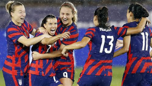 In this photo from July 1, 2021, Tobin Heath (7) of United States celebrates with Christen Press (11), Alex Morgan (13), Lindsey Horan (9) and Emily Sonnett, (14) after scoring a goal against Mexico at Rentschler Field in East Hartford, Connecticut. (Maddie Meyer/Getty Images/TNS)