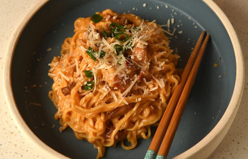 Ramen Carbonara for One, by Leftie Lee’s chef Vivian Lee, is a comfort dish and reflects Lee's time working in Italian cuisine. (Styling by Vivian Lee / Chris Hunt for the AJC)