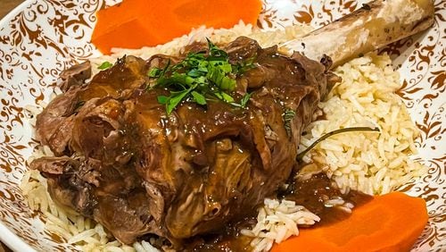 A serving of lamb shank was fork-tender at Raik Mediterranean in Suwanee. (Henri Hollis/henri.hollis@ajc.com)