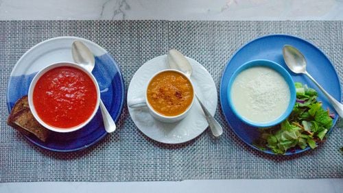 Tomato Soup, Spiced Sweet Potato Soup and Cauliflower Parmesan Soup offer quick and easy comfort. Food styling by Cynthia Graubart
(Virginia Willis for The Atlanta Journal-Constitution)
