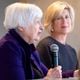 U.S. Treasury Secretary Janet Yellen, left, with Katie Kirkpatrick, president and CEO of Metro Atlanta Chamber behind her, gives an opening statement before a roundtable lunch at the chamber Thursday, June 20, 2024. (Ben Gray / Ben@BenGray.com)