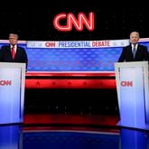 President Joe Biden, right, and Republican presidential candidate former President Donald Trump, left, stand during a break in a presidential debate hosted by CNN, Thursday, June 27, 2024, in Atlanta. (AP Photo/John Bazemore)