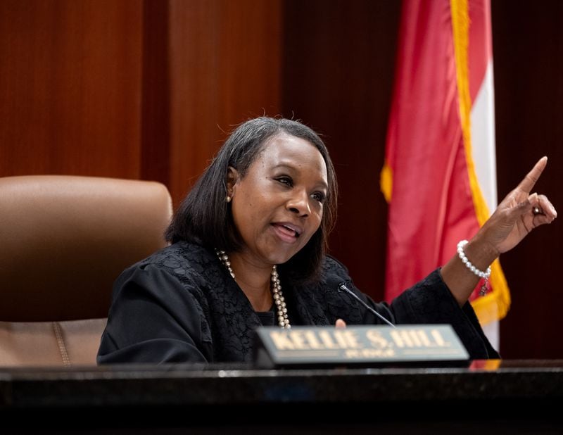 Judge Kellie Hill hears arguments in Cobb Superior Court on Thursday, June 20, 2024, in the candidate disqualification lawsuit in which she may rule on the legality of Cobb County's district map. (Ben Hendren for the Atlanta Journal-Constitution)