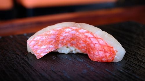 A piece of nigiri at Omakase Table in West Midtown. Aug. 14, 2023 (Credit: Omakase Table/Brandon Amato)