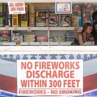 Rynni, left, and Elijah, right, prep fireworks for customers for Independence Day 2023 at a TNT Fireworks booth in Snellville. (Michael Blackshire/Michael.blackshire@ajc.com)