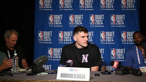 Donovan Clingan speaks to members of the media during a media availability event at Lotte New York Palace on Tuesday, June 25, 2024 in New York City, NY. Top prospects attending the first round of the 2024 NBA Draft met members of the press prior to 2024 NBA Draft First Round. (Hyosub Shin / AJC)