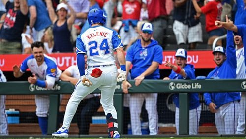 Atlanta Braves outfielder Jarred Kelenic (24) hits a solo homer during the first inning at Truist Park on Saturday, June 29, 2024 in Atlanta. (Hyosub Shin / AJC)