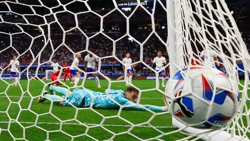 United States goalkeeper Matt Turner (1) watches the ball go into the net on a goal scored by Panama defender César Blackman (2) in the first half of the CONMEBOL Copa America 2024 Group C match at Mercedes-Benz Stadium on Thursday, June 27, 2024, in Atlanta. Panama won 2-1. 
(Miguel Martinez / AJC)