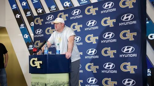 Georgia Tech coach Brent Key speaks to members of the media following their first day of spring football practice at Bobby Dodd Stadium, Monday, March 11, 2024, in Atlanta. (Jason Getz / jason.getz@ajc.com)