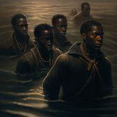 Charlotte, North Carolina-based artist and portrait photographer Criss Ford’s rendition of the Igbo people escaping into the sea off of the coast of Georgia. Instead of submitting to slavery. The work is crucial to Ford, as he is a member of the Gullah-Geechee, with roots to Nigeria.