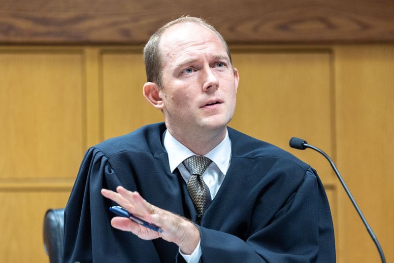 Judge Scott McAfee presides over a hearing regarding media access in the case against former President Donald Trump and 18 others, at the Fulton County Courthouse in Atlanta on Aug. 31, 2023. (Arvin Temkar/The Atlanta Journal-Constitution/TNS)