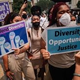 Affirmative action supporters and counterprotesters shout at one another outside the U.S. Supreme Court on Thursday, June 29, 2023, in Washington, D.C. (Kent Nishimura/Los Angeles Times/TNS)