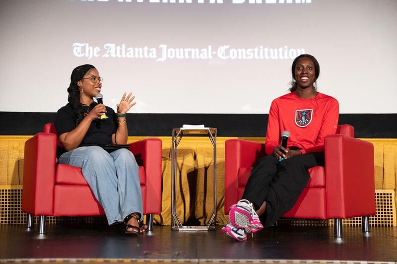 (l. to r.) UATL news and video correspondent Najja Parker and Atlanta Dream forward Laeticia Amihere chat following UATL's screening of "Love and Basketball at Plaza Theater on June 25, 2024.