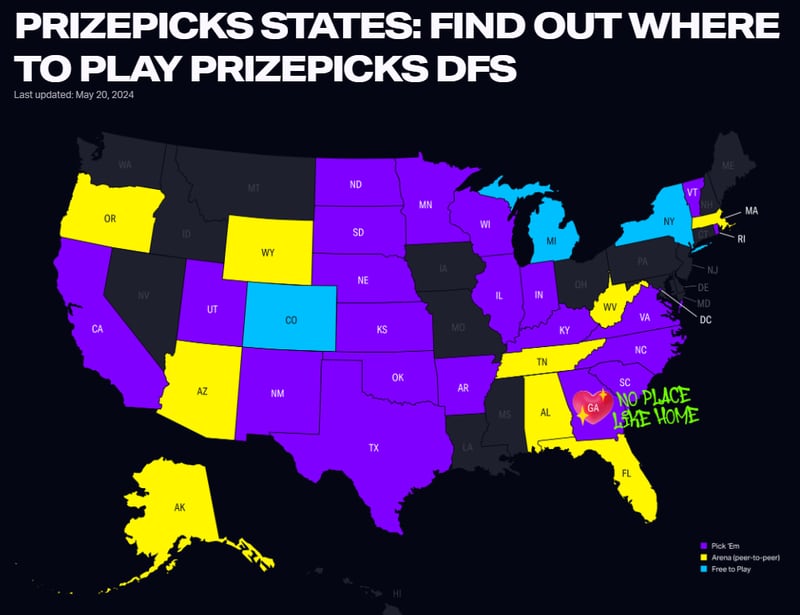 This map shows which states can access daily fantasy sports games on PrizePicks. (Courtesy)