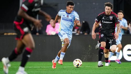 Atlanta United defender Caleb Wiley #26 dribbles during the first half of the match against the D.C. United at Audi Field in Washington,  on Wednesday June 19, 2024. (Photo by Mitch Martin/Atlanta United)