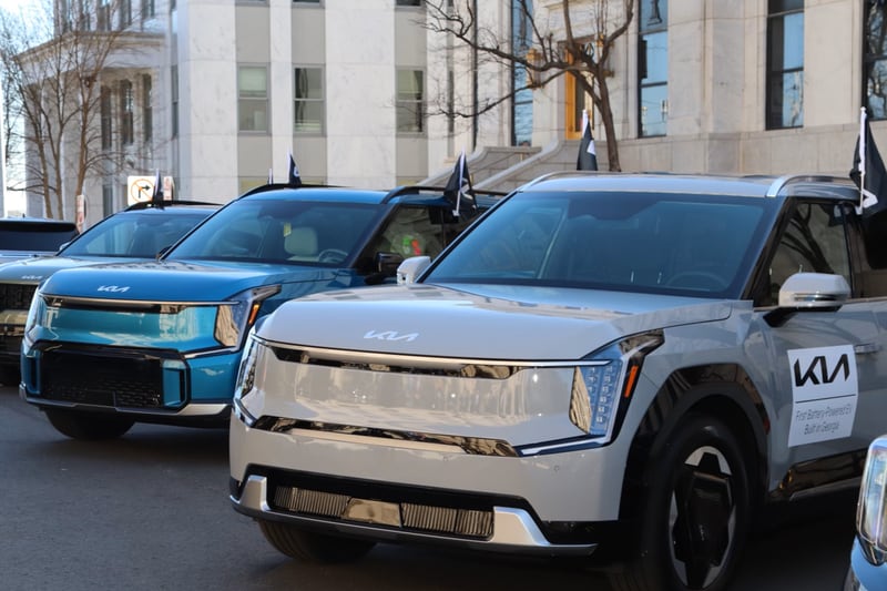 These are the first Kia EV9s to be built in Georgia at the company's West Point factory. They were parked outside the state Capitol on Tuesday, Feb. 13, 2024.