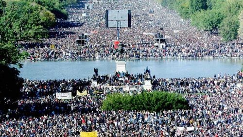 WASHINGTON- Oct. 16, 1995 The crowd of people attending the Million Man March stretched from the grounds of the U.S. Capitol building down the Mall towards the Washington Monument. Official crowd size was never confirmed, but estimates ranged from 400,000 to more than 1 million. Photo by Rick McKay/Washington Bureau)95Cox photo by Rick McKay