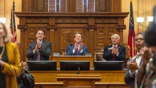 Georgia's top leaders at the Capitol, Gov. Brian Kemp, center, Lt. Gov. Burt Jones, left, and House Speaker Jon Burns. (Arvin Temkar/The Atlanta Journal-Constitution/TNS)