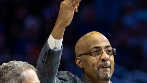 Former Orlando Magic player Dennis Scott, known as 3D, is inducted into the Orlando Magic Hall of Fame by CEO Alex Martins during the first half of the Orlando Magic vs. New York Knicks NBA basketball game, Thursday, March 23, 2023, in Orlando, Fla. (AP Photo/Kevin Kolczynski)
