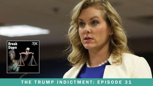 The latest episode of the AJC's "Breakdown" podcast recaps two days of hearings to determine whether Fulton DA Fani Willis' office should be removed from the Georgia election interference case. The motion was originally brought by Ashleigh Merchant, seen here, attorney for Michael Roman, one of the remaining defendants in the case. (Alyssa Pointer/AP)