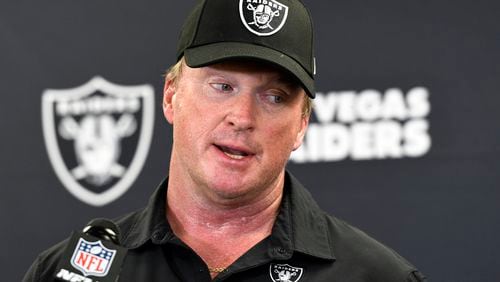 FILE - Las Vegas Raiders head coach Jon Gruden speaks with the media following an NFL football game against the Pittsburgh Steelers in Pittsburgh on Sept. 19, 2021. In a Monday July 1, 2024, posting, Gruden lost a bid for the Nevada Supreme Court to reconsider whether a contract interference and conspiracy lawsuit he filed against the league after he resigned from the Las Vegas Raiders in 2021 should be heard in courts or in private arbitration. (AP Photo/Don Wright, File)