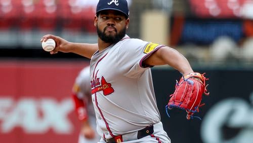 Atlanta Braves starting pitcher Reynaldo Lopez throws during the second inning in the first game of a baseball doubleheader against the St. Louis Cardinals, Wednesday, June 26, 2024, in St. Louis. The Braves won 6-2. (AP Photo/Scott Kane)