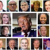 Former President Donald Trump (center) was indicted Monday by a Fulton County grand jury on multiple felony charges. Also indicted were (top row) former Trump campaign official Mike Roman, former Trump personal attorney Rudy Giuliani, former chairman of the Georgia Republican Party David Shafer, former elections supervisor for Coffee County Misty Hampton, former Trump campaign attorney Kenneth Chesebro, (2nd row) former Trump campaign attorney John Eastman, Trump campaign-affiliated attorney Jenna Ellis, former publicist for rapper Kanye West Trevian Kutti, former White House chief of staff Mark Meadows, (third row) former director of Black Voices for Trump Harrison Floyd, former Trump campaign attorney Sidney Powell, former senior Department of Justice official Jeffrey Clark, Republican elector Cathy Latham, (fourth row) Atlanta lawyer Ray Smith III, Alpharetta lawyer Bob Cheeley, state Sen. Shawn Still, Atlanta bail bondsman Scott Hall and Stephen Cliffgard Lee, a police chaplain from Illinois. (AJC file photos)