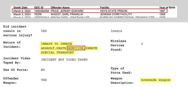 Jeremy Price died on March 2, 2024, at Hays State Prison, but the GDC's mortality report for March (top) doesn't disclose that the agency considers his death a homicide, as indicated in the incident report (highlighted at bottom). (Georgia Department of Corrections)