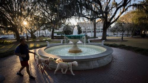 A resident walks his dogs past the fountain at Orleans Square near the Savannah Civic Center, background, Monday, Feb. 26, 2024, Savannah, Ga. Orleans Square is a perfect example of how the city was laid out before the construction of the Civic Center in the late 1960s. (AJC Photo/Stephen B. Morton)