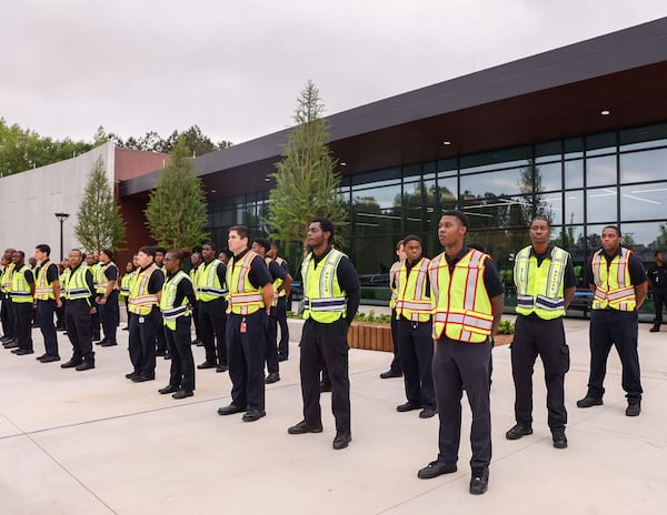 Atlanta police and fire recruits stand in front of the leadership building on the grounds of the Atlanta Public Safety Training Center on Tuesday, April 29, 2025. (Natrice Miller/AJC)