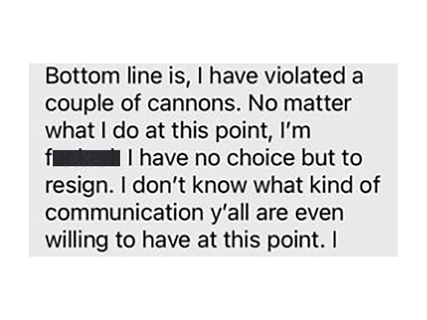 Former Upson County Probate Judge Danielle McRae resigned Friday while under investigation by the Georgia Judicial Qualifications Commission. She is also being investigated by the GBI and is accused in part of misusing county funds and having improper discussions about cases. The AJC redacted the expletive in the image.