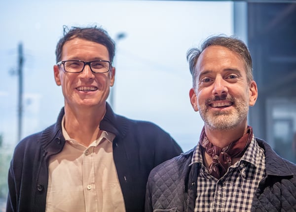 Miller Union owners Neal McCarthy (left) and Steven Satterfield attend the Miller Union 15th Anniversary party in 2024. (Aaliyah Man for the AJC)